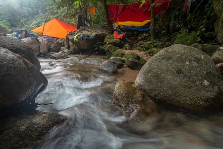 Phatthalung, Thailand-January  01, 2020 : The trekkers camping on the mountains in jungle of...