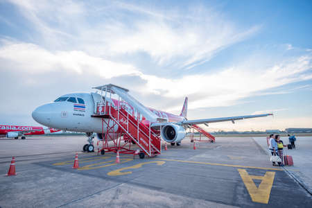 Surat Thani, Thailand - April 04, 2019 : Air Asia Airbus A320 at Surat Thani  International Airport, Thailand.のeditorial素材