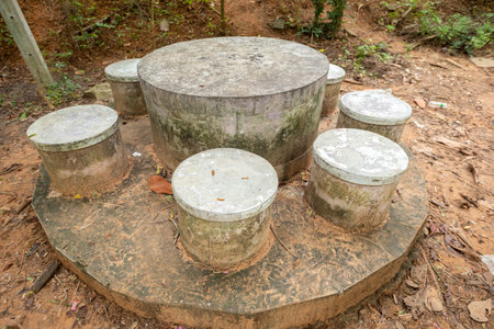 Cement table and chairs in a shady gardenの写真素材