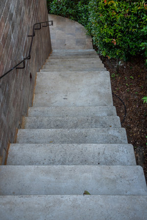 The steps outside with a brick wall and tree old staircaseの写真素材