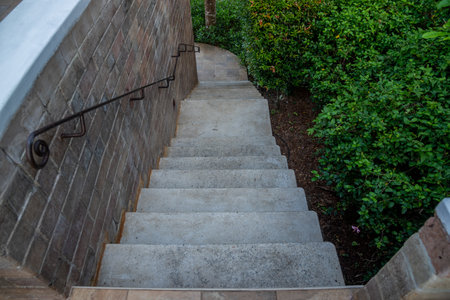 The steps outside with a brick wall and tree old staircaseの写真素材