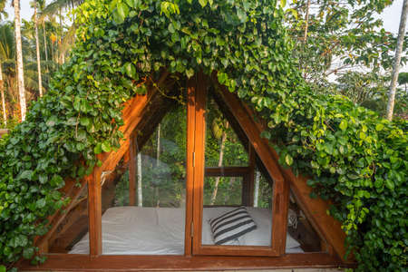 Beautiful rooftop bedroom outside terrace with trees and natureの写真素材