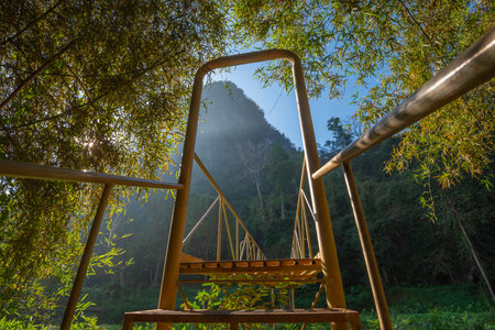 Old metal bridge in a green forest of Thailandの写真素材