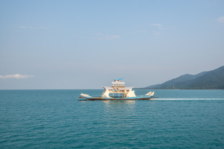 Trat, Thailand - March , 11,2022 : View of cars and passenger ferry boat at Koh Chang island in...