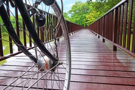 Bicycle wheel with bike lanebackgroundの写真素材