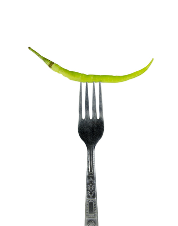 green chilli on a forkの写真素材