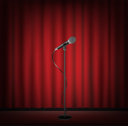 microphone stand on a stage with red curtain backgrondのイラスト素材