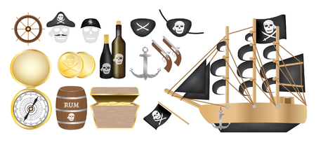 pirate ship with pirate compass gold coin rum barrel treasure box flag gun eye patchのイラスト素材