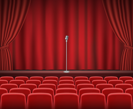 Rows of red cinema or theater seats in front of show stage with retro microphoneのイラスト素材