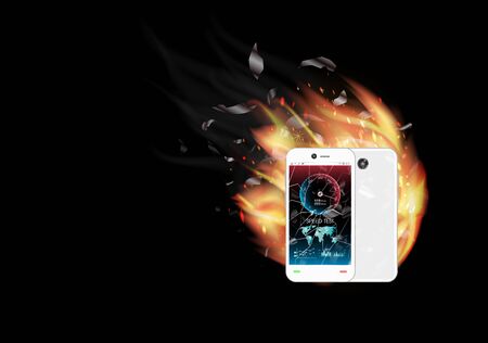 broken glass screen smartphone with speed test interface and burning fireのイラスト素材