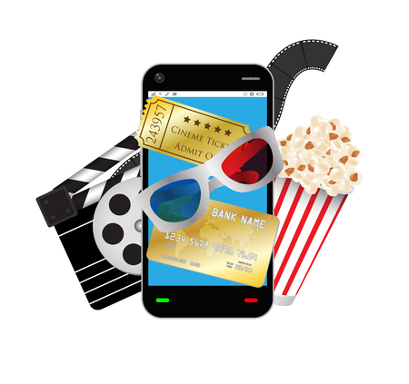 smartphone with movie object 3d glasses ticket film popcorn credit cardのイラスト素材