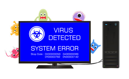 desktop computer error screen with cartoon virusのイラスト素材