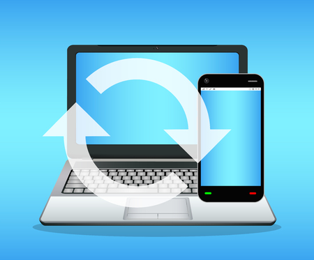 laptop connecting a smartphone to syncing transfer dataのイラスト素材