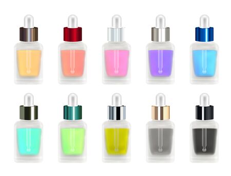 Set of a real 3D colorful glass bottle with eye dropper.のイラスト素材