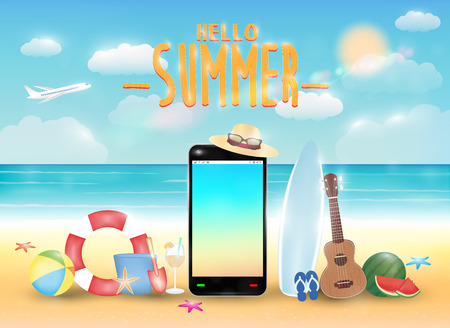 smartphone and summer object with bright summer sea beachのイラスト素材