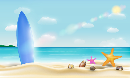 surfboard on a beautiful bright sea sand beach vectorのイラスト素材