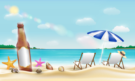 beer bottle and sea shell starfish on a sea sand beachのイラスト素材