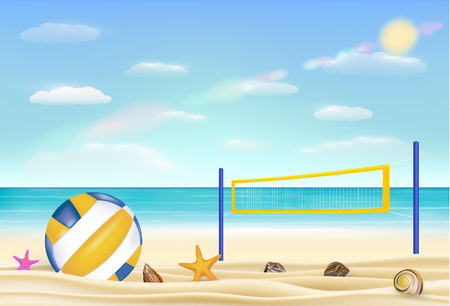Beach volleyball and net on a sand beach with bring sea sky background.のイラスト素材