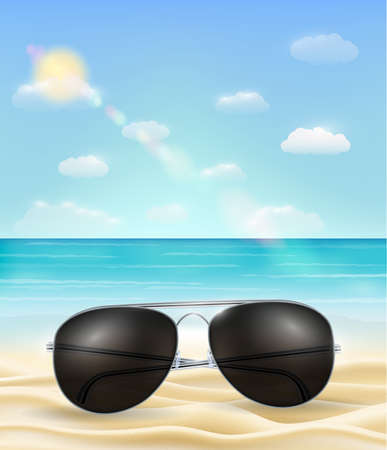 A real black sun glass on a bright sea beachのイラスト素材