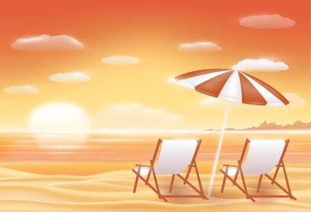 Beautiful sunset sea sand beach scene  with beach chairのイラスト素材