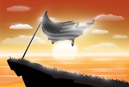 silhouette united states of america flag on cliff with sunset sea backgroundのイラスト素材