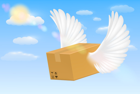 delivery corrugated carton box with flying bird wingのイラスト素材