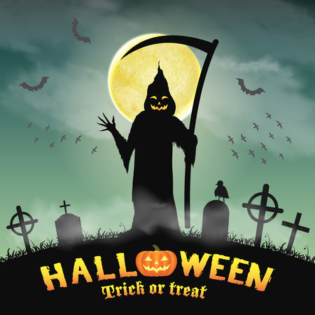 Halloween silhouette grim reaper in night graveyardのイラスト素材