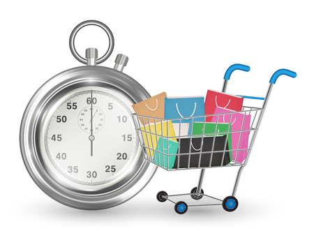 A stopwatch and shopping cart full of paper bags on white background.のイラスト素材