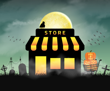 halloween store shop open in night  graveyardのイラスト素材