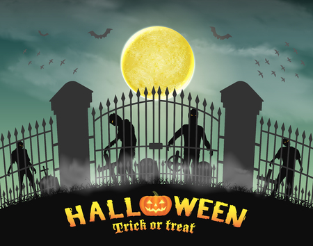 Zombie group behind graveyard in cemetery gateのイラスト素材