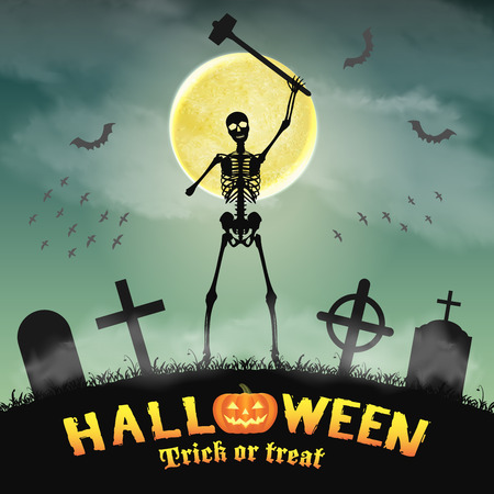 halloween skeleton warriors in a night graveyardのイラスト素材