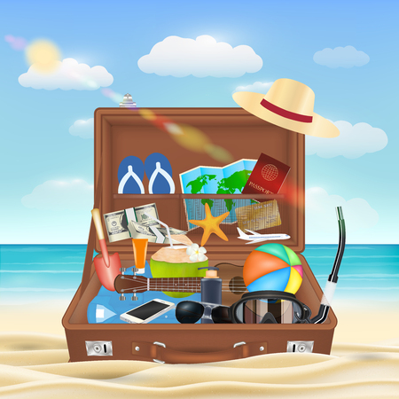 Suitcase open with beach travel object on beachのイラスト素材