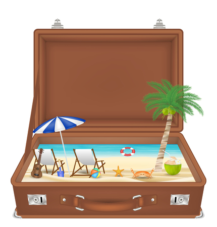 A summer concept illustration on suitcase open with sea and beach scene in sideのイラスト素材