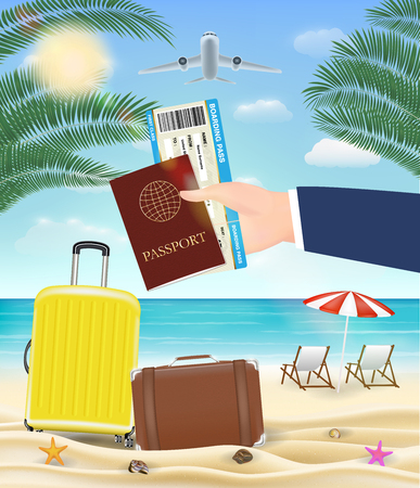 Hand hold passport boarding pass travel to beachのイラスト素材