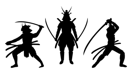 A three samurai stance silhouette a white background.のイラスト素材