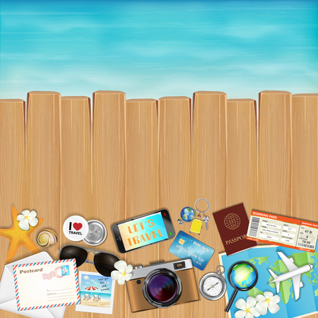 Tropical travel object set on wood with sea vector illustration.のイラスト素材