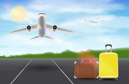 Airplane fly over runway airport with travel bag vector illustration.のイラスト素材