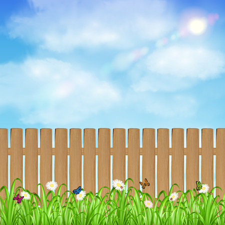 wood fence with grass flower and sky backgroundのイラスト素材
