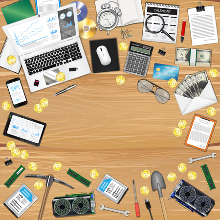 Bitcoin mining workplace with objects and toolsのイラスト素材