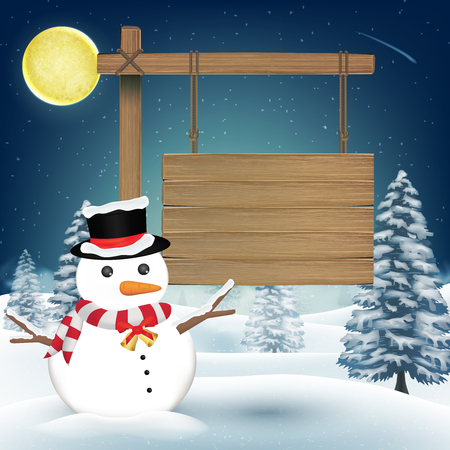 Snowman with wood board sign on night winter hillのイラスト素材
