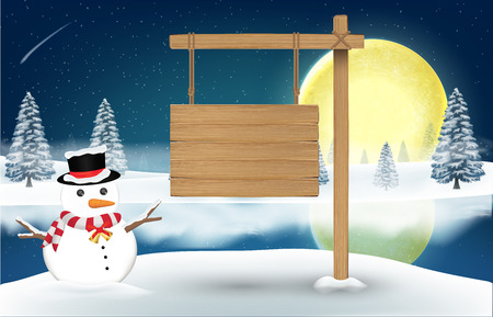 Snowman with wood board sign on night winter lakeのイラスト素材
