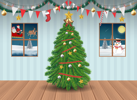 Christmas tree in party room decorated backgroundのイラスト素材