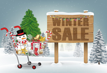 christmas decorative shopping cart  on winter hillのイラスト素材