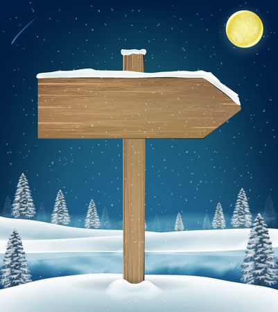 Direction wood board sign on christmas winter lakeのイラスト素材