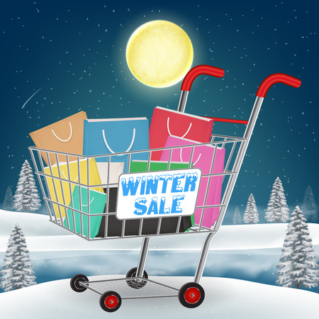 Winter sale shopping paper bag on cartのイラスト素材