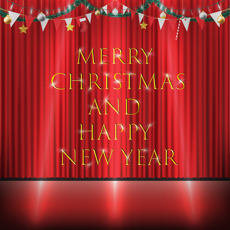 christmas decorative hanging on red curtain stageのイラスト素材