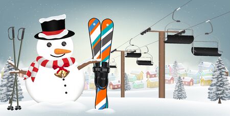 Snowman with ski equipment backgroundのイラスト素材