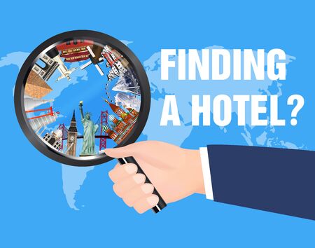 Hand use magnifying glass find hotel for travelのイラスト素材