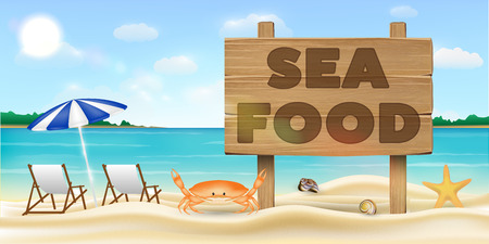 sea food wood board sign on sea sand beachのイラスト素材