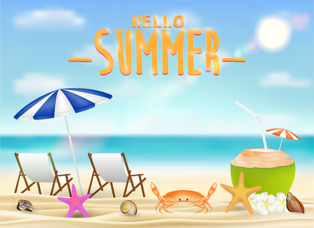 Hello summer with relaxing chair, coconut drink on beachのイラスト素材